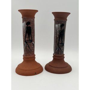 Pair of Vintage Speckled Southwestern Pottery Candle Stick Holders